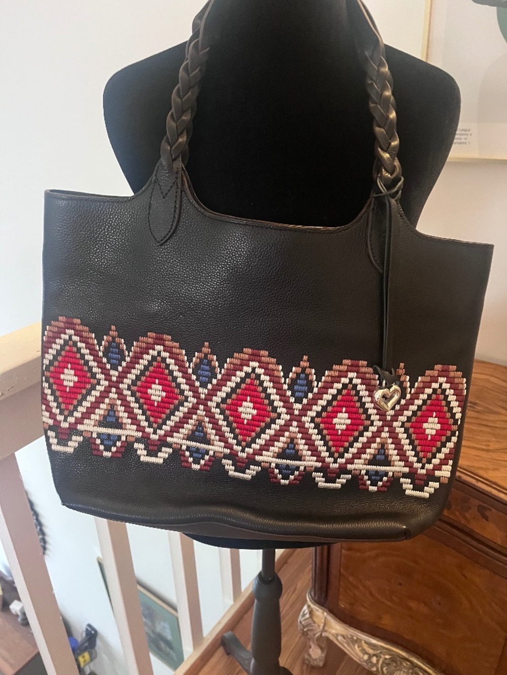 Brighton African Stories Masai Black Leather Multi Color Tote/Handbag